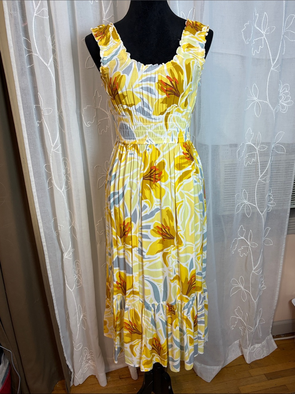 Patrons of Peace Yellow Floral Ruffle Midi Dress